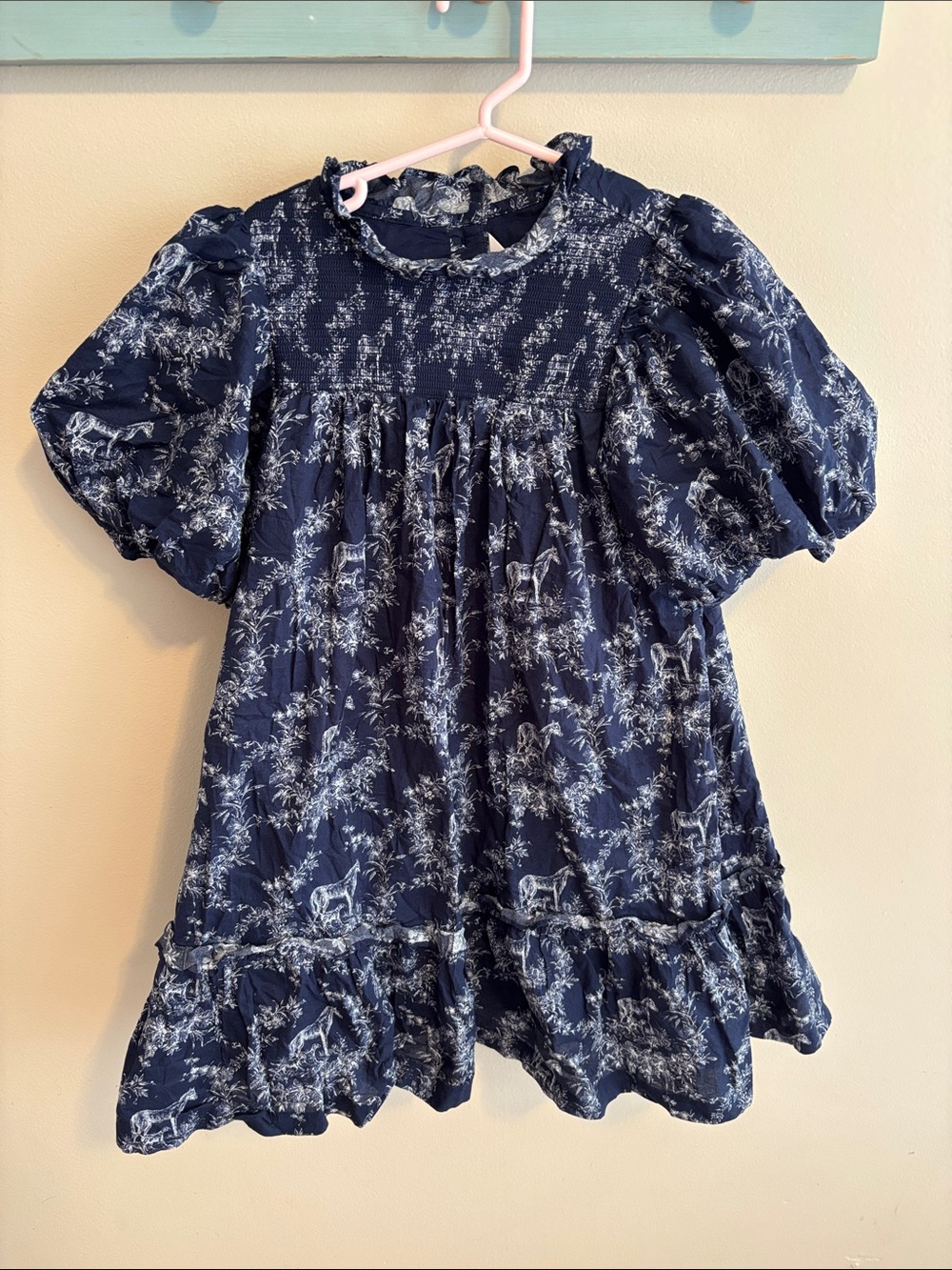 Janie and Jack Girls Size 8 Smocked Dress Navy Blue Horse Toile Cotton Ruffle